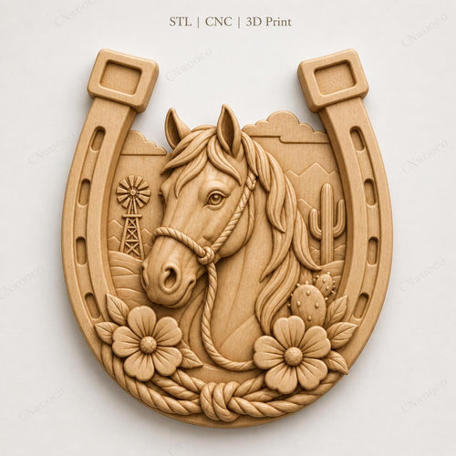 CNC & impression 3D cheval avec fer à cheval STL, relief western ranch pour sculpture bois