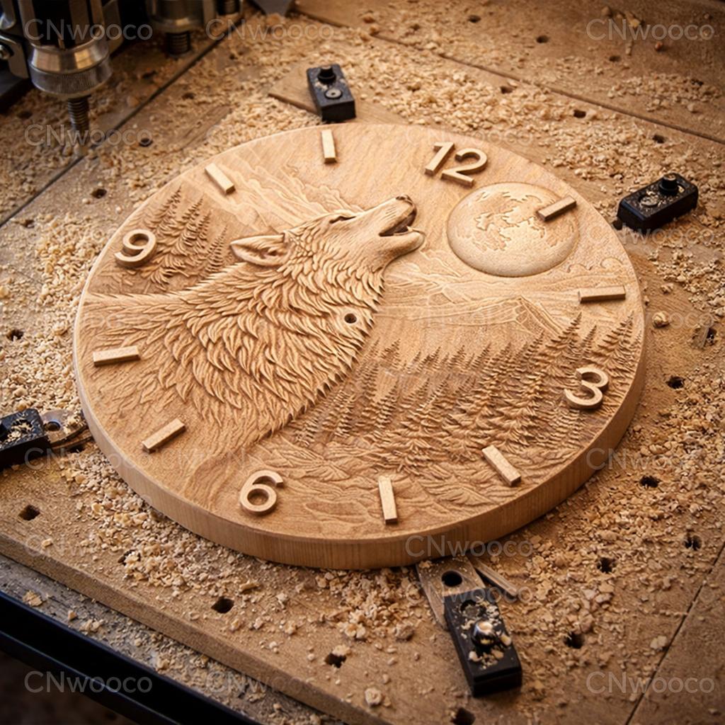 Fichier CNC horloge loup lune, bas-relief bois animal sauvage, décoration murale nature, sculpture horloge, modèle gravure 3D STL