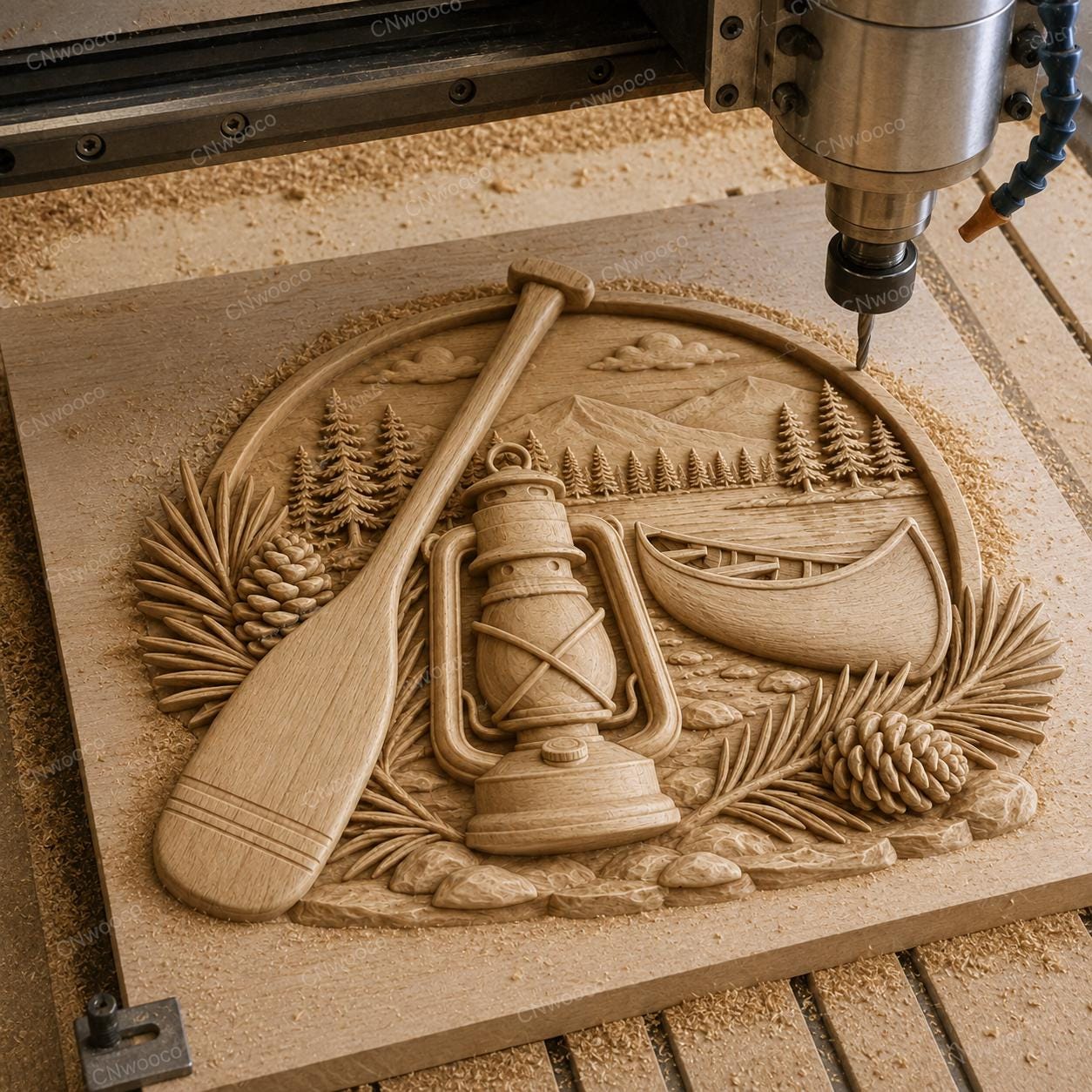 CNC & impression 3D canoë au bord du lac avec chalet, fichier STL très haute qualité