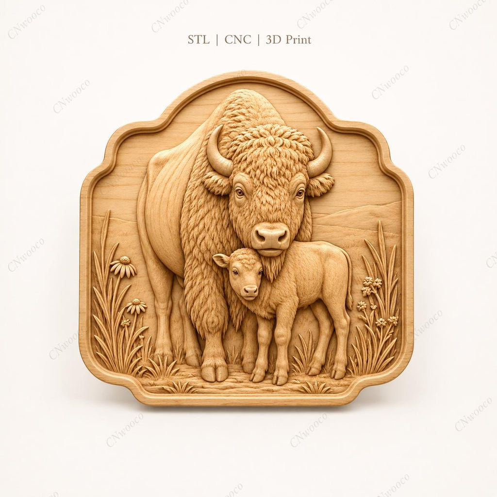 CNC & 3D-Druck Bison & Kalb, Western Wildlife Datei für Holzgravur, hochwertiges STL