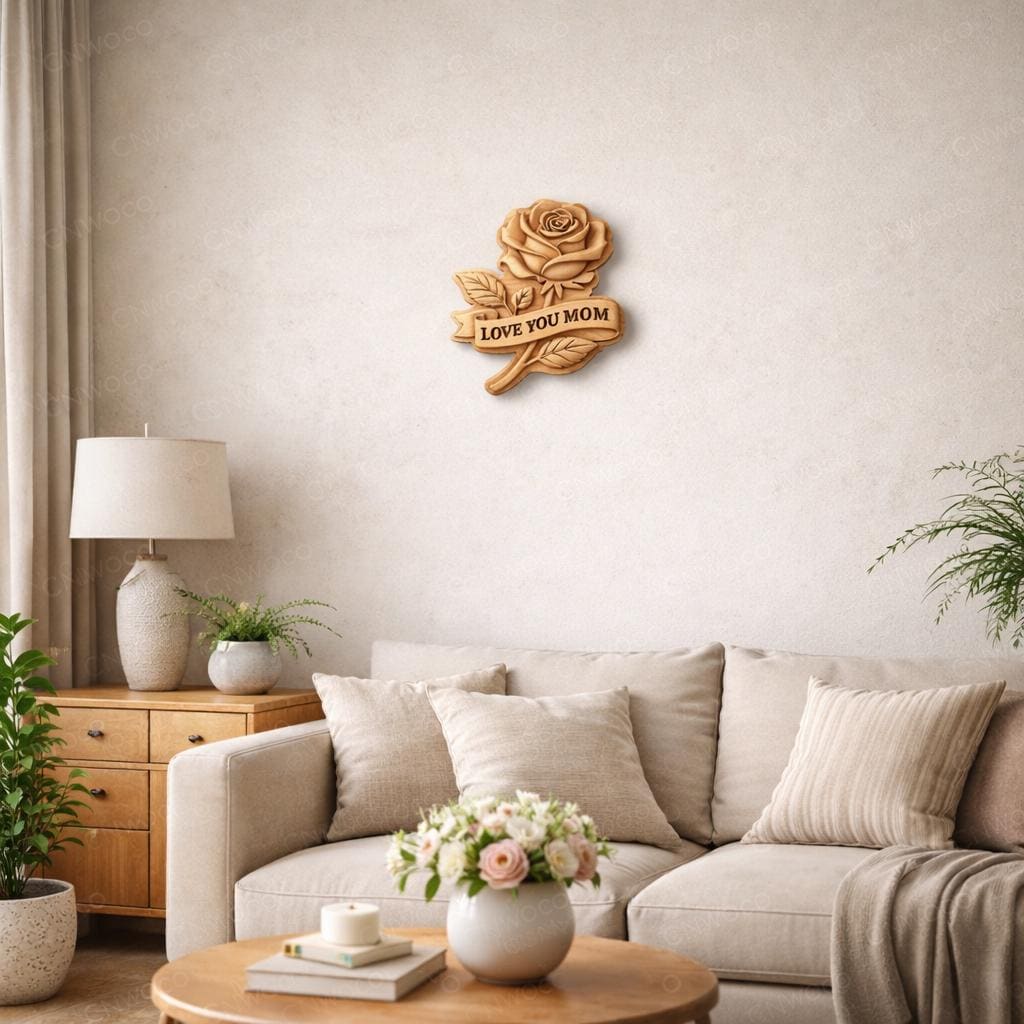 Fichier CNC & impression 3D rose “Love You Mom” – bas-relief bois pour cadeau fête des mères, décoration murale STL