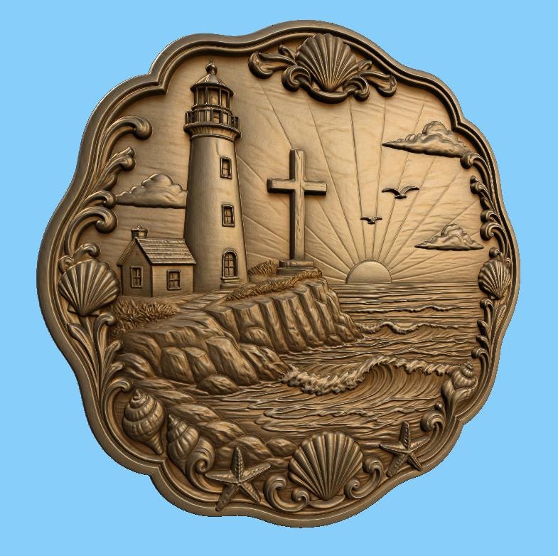 CNC & impression 3D relief phare avec croix bord de mer, fichier STL très haute qualité