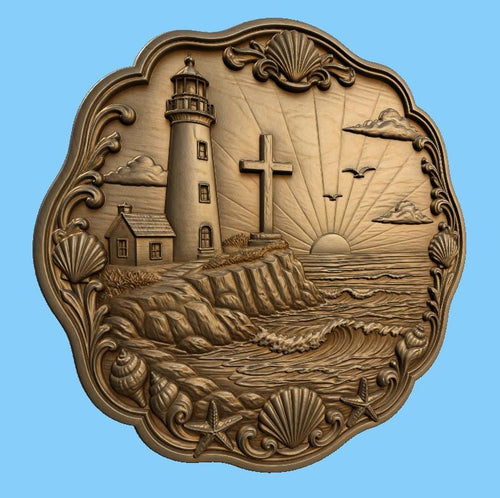 CNC & impression 3D relief phare avec croix bord de mer, fichier STL très haute qualité