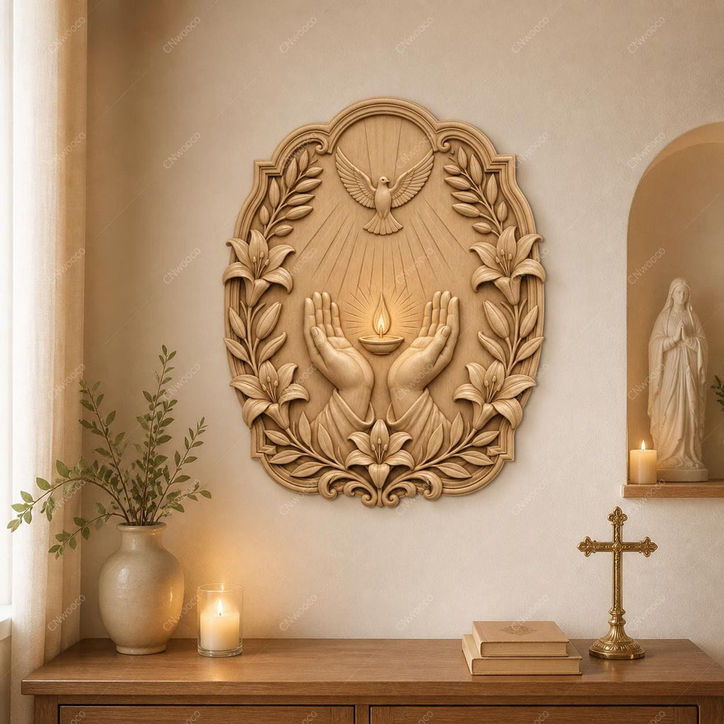 CNC & impression 3D relief mains avec lampe, colombe et lys, fichier STL très haute qualité