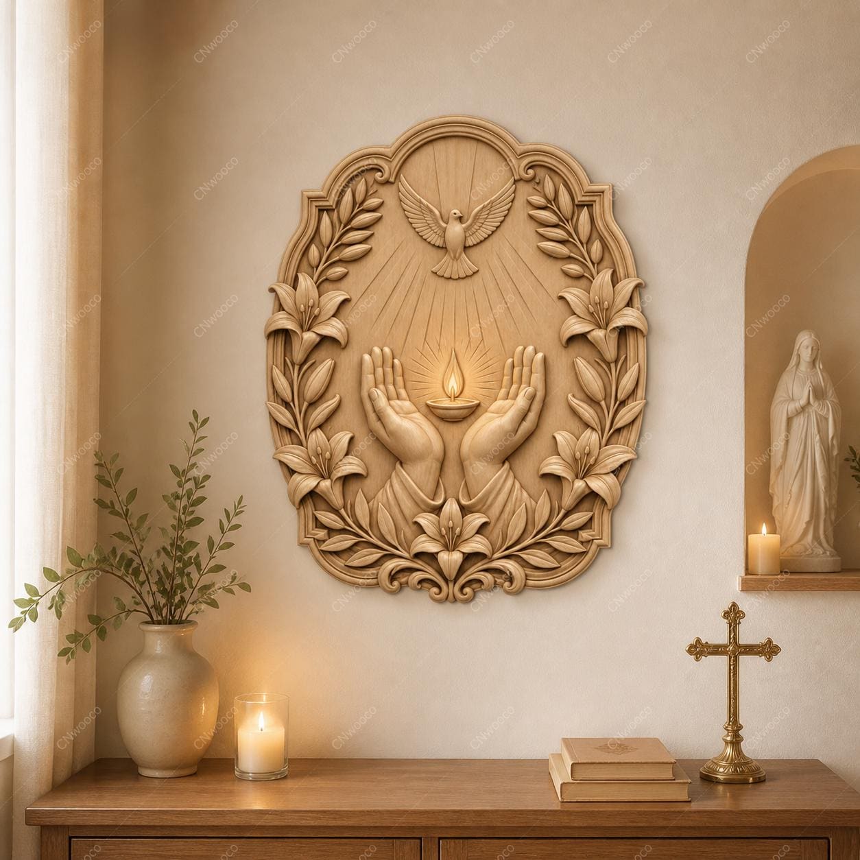 CNC & impression 3D relief mains avec lampe, colombe et lys, fichier STL très haute qualité
