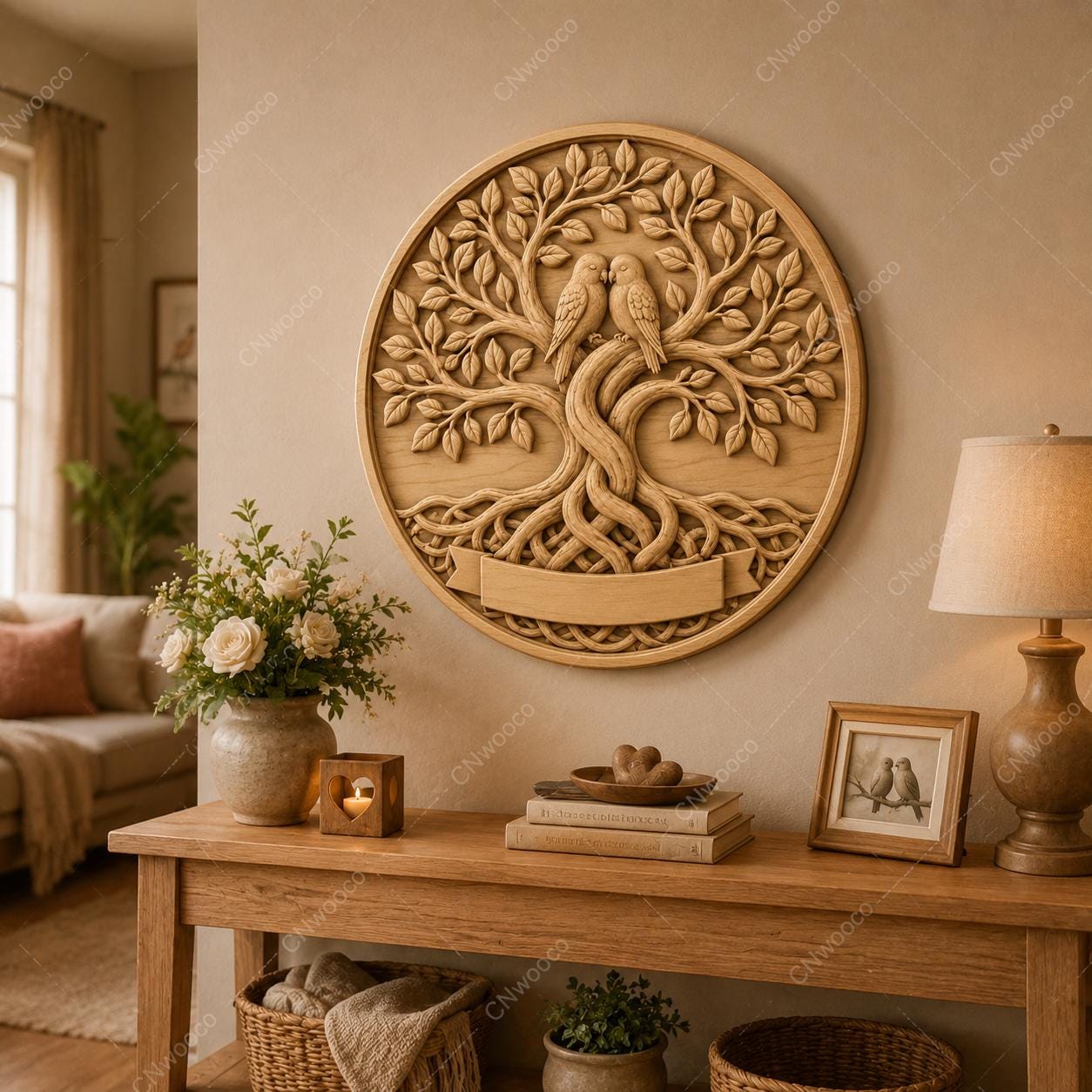 CNC & impression 3D relief arbre de vie avec oiseaux, fichier famille bois, STL de haute qualité, à personnaliser