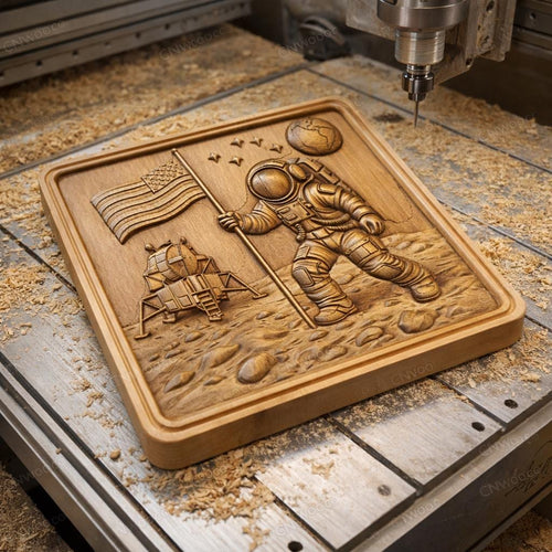 Fichier CNC astronaute alunissage, bas-relief bois lune, décoration murale espace, panneau décoratif, modèle gravure 3D STL