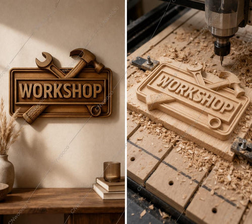 Fichier CNC panneau atelier bois, bas-relief outils menuisier, décoration murale rustique, cadeau menuisier, modèle gravure 3D STL
