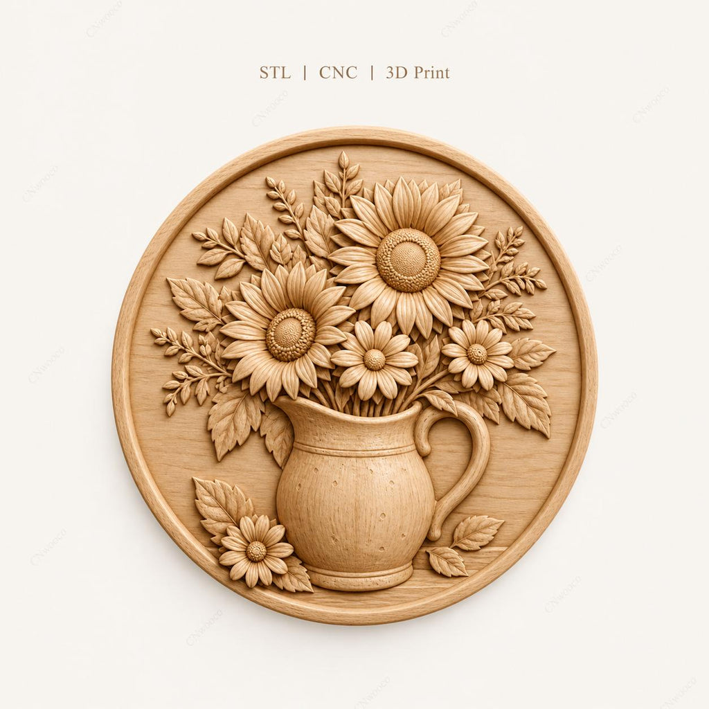 CNC & 3D-Reliefdruck Sonnenblumen in Kanne, florale Bauernhaus-Deko, STL-Datei sehr hohe Qualität
