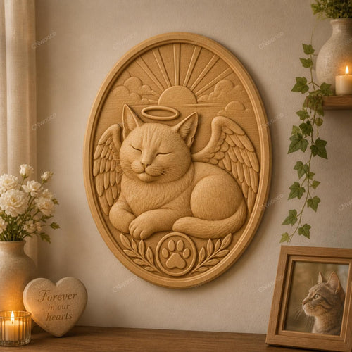 CNC & impression 3D chat ange mémorial STL, relief animal de compagnie pour souvenir et sculpture bois