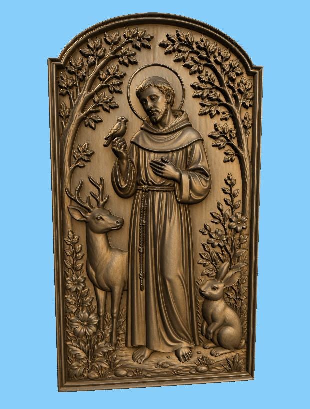 CNC & 3D-Reliefdruck Heiliger Franziskus mit Tieren, sehr hochwertige STL-Datei