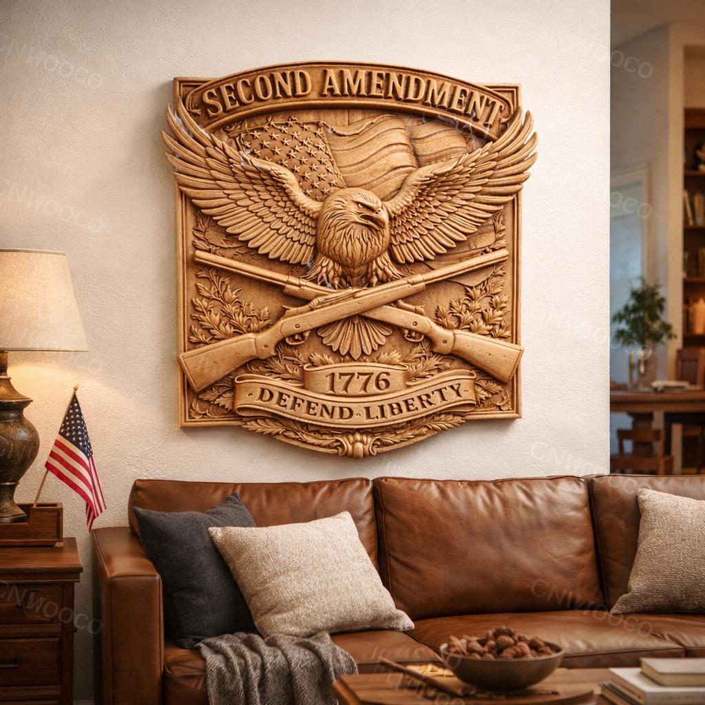 Fichier CNC aigle patriotique 1776 Second Amendment, bas-relief bois liberté, décoration murale USA, modèle gravure 3D STL