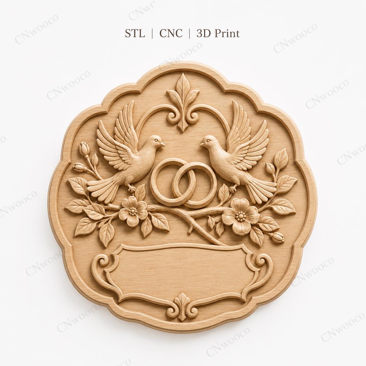 CNC & impression 3D plaque mariage colombes et alliances à personnaliser, fichier STL très haute qualité