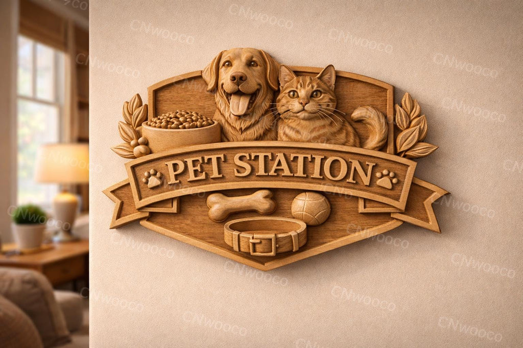 Fichier CNC & impression 3D station animaux chien chat – bas-relief panneau pour sculpture bois, décoration murale pet lover STL