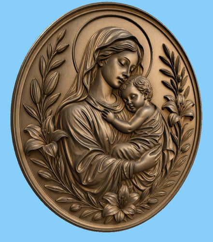 CNC & impression 3D relief Vierge à l’enfant avec lys, fichier STL très haute qualité
