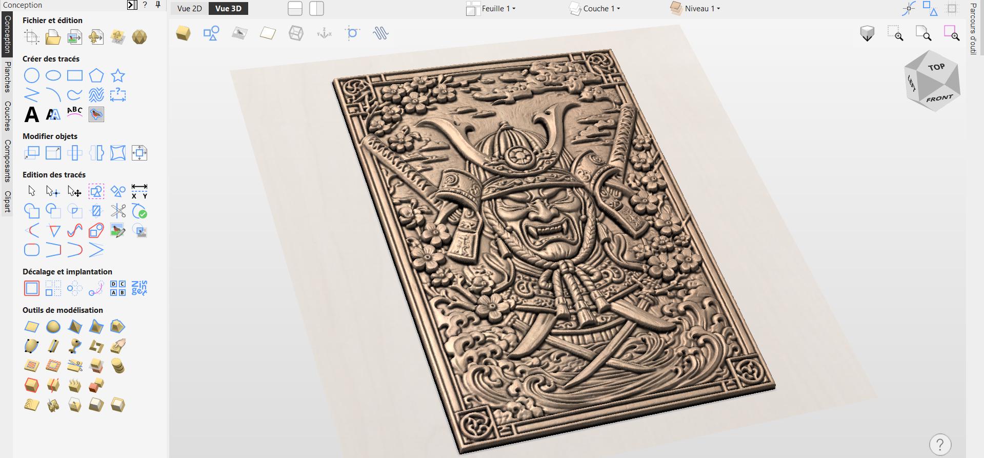 CNC-Datei Samurai-Maske, Katana-Helm, japanisches Holz-Basrelief, asiatische Wanddekoration, Schnitzplatte, 3D-Gravurmodell STL