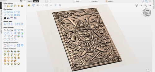 Fichier CNC masque samouraï casque katana, bas-relief bois japonais, décoration murale asiatique, panneau sculpture, modèle gravure 3D STL