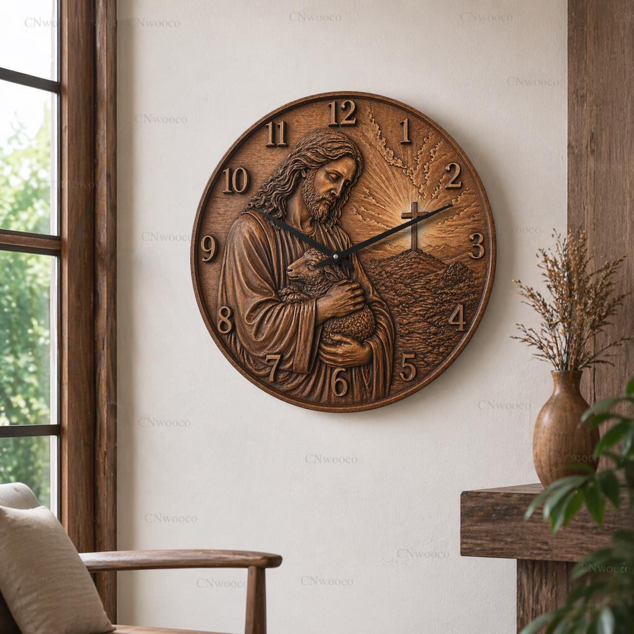 Fichier CNC horloge chrétienne – bas-relief religieux pour sculpture bois, décoration murale STL