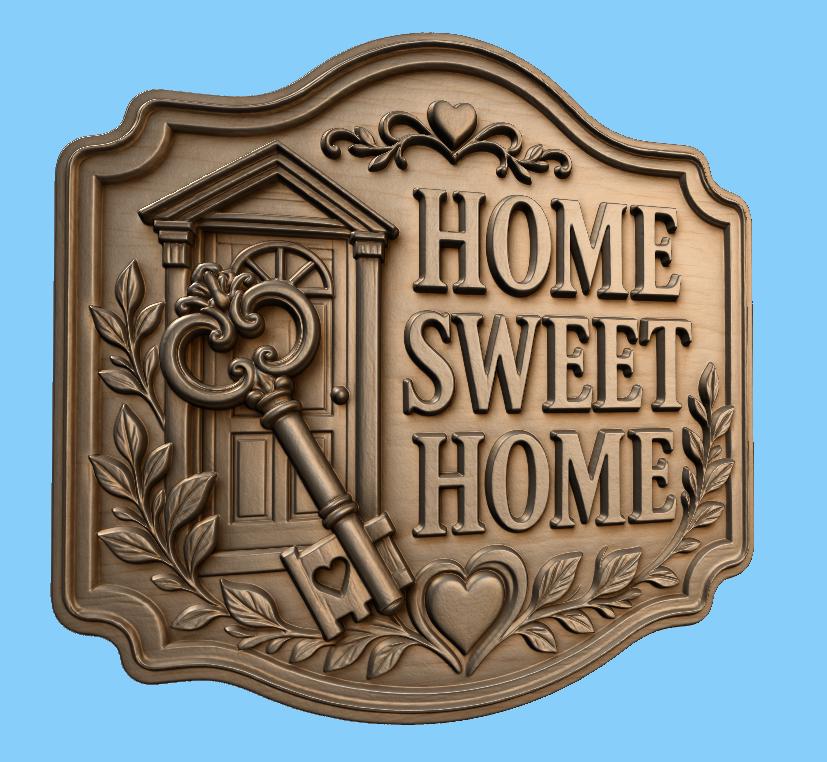 CNC & 3D-Reliefdruck Home Sweet Home mit Schlüssel und Tür, Heimdekoration für Holzgravuren, hochwertiges STL