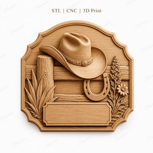 CNC & impression 3D plaque western chapeau cowboy à personnaliser, fichier STL très haute qualité