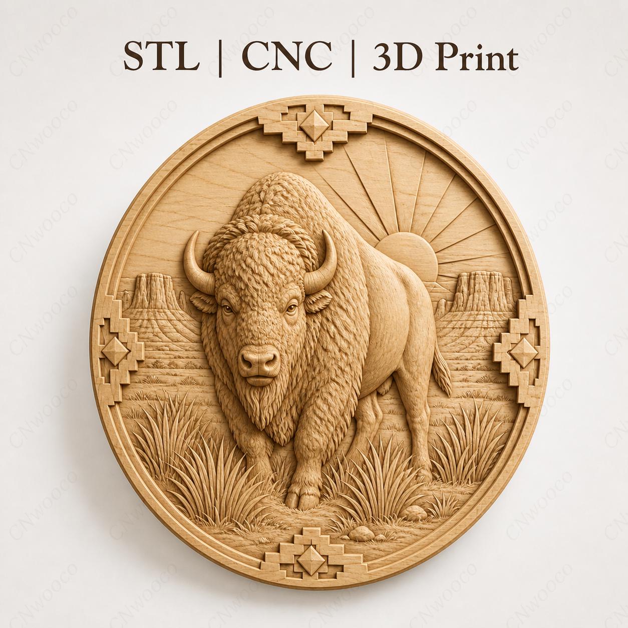 CNC & impression 3D bison western, relief animal sauvage USA STL haute qualité pour sculpture bois et décoration rustique