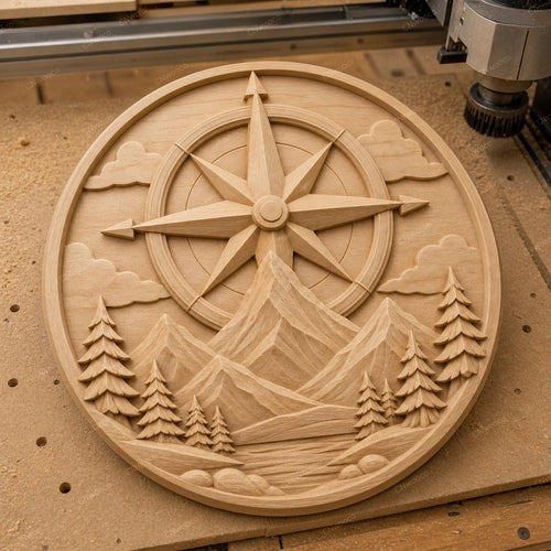 CNC & impression 3D relief boussole avec montagne et sapins, décor aventure, fichier STL très haute qualité