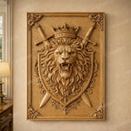 Fichier CNC blason lion couronne et épées – bas-relief royal pour sculpture bois, décoration murale STL haute qualité