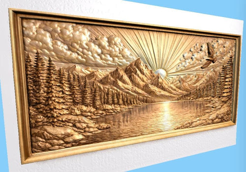 Fichier CNC paysage montagne lac, bas-relief nature bois, décoration murale naturelle, sculpture bois, modèle gravure 3D STL