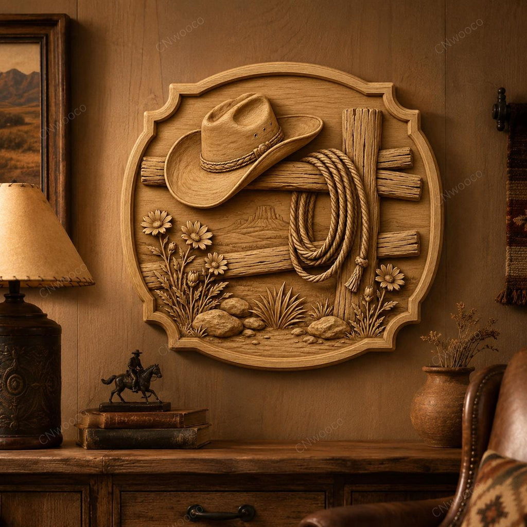 CNC & impression 3D décor western avec chapeau cowboy et corde, fichier STL très haute qualité