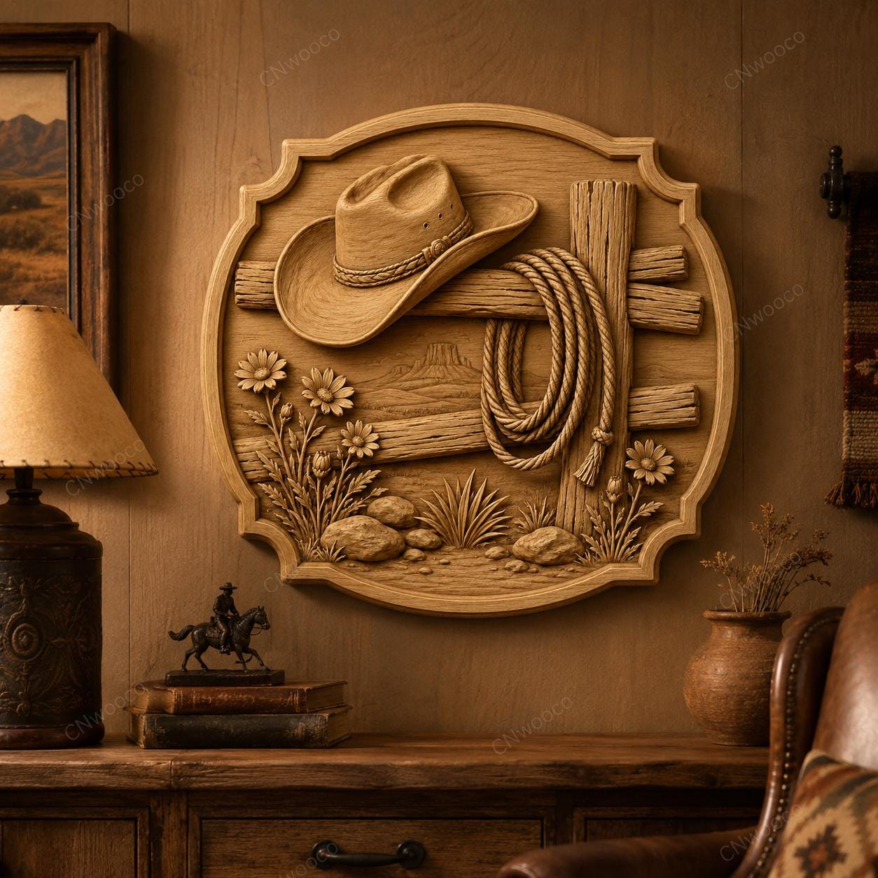 CNC & impression 3D décor western avec chapeau cowboy et corde, fichier STL très haute qualité