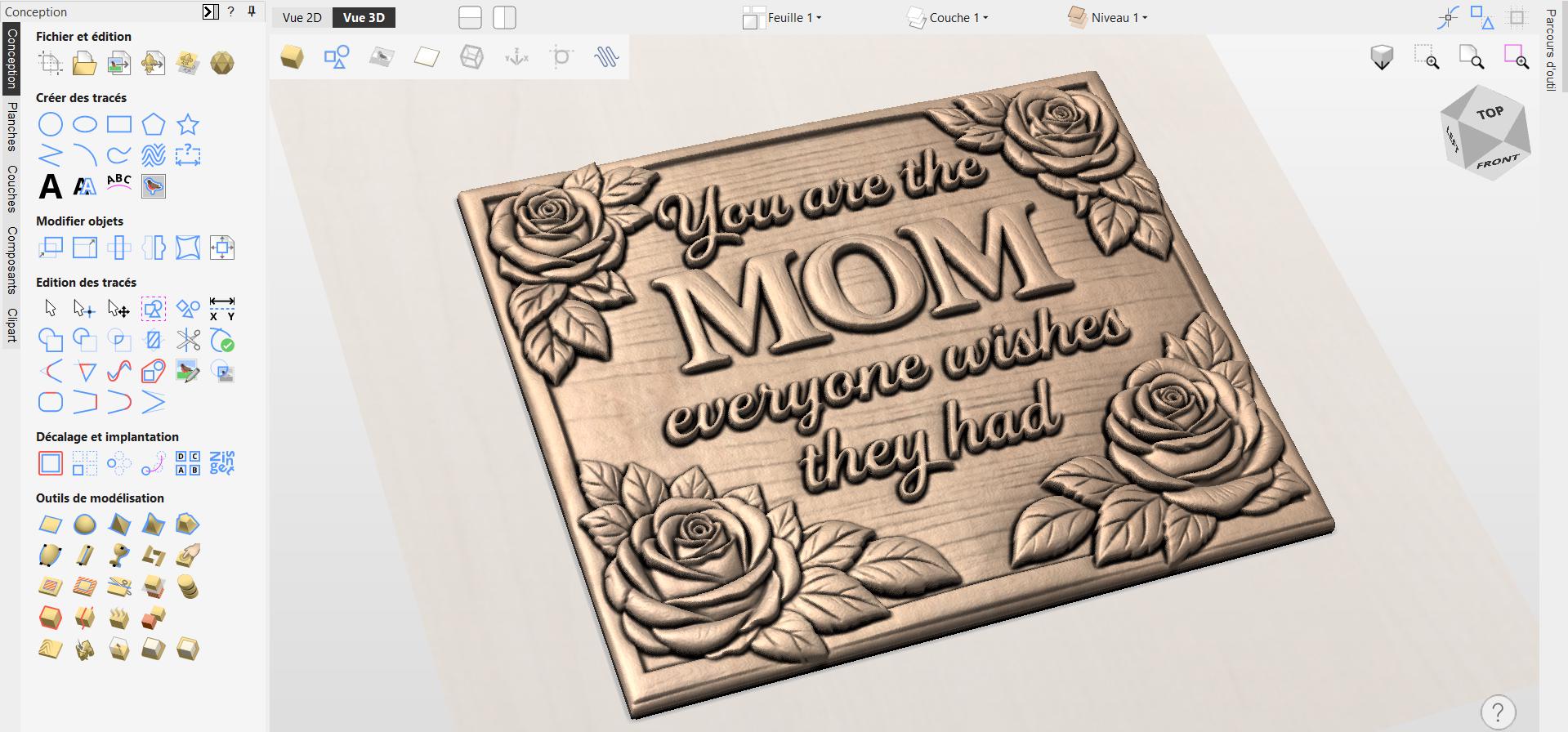 Fichier CNC cœur fête des mères, bas-relief roses pour maman, décoration murale, sculpture bois, modèle gravure 3D STL
