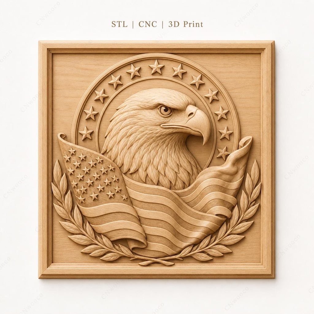 CNC & impression 3D relief aigle américain avec drapeau, décor patriotique, fichier STL très haute qualité