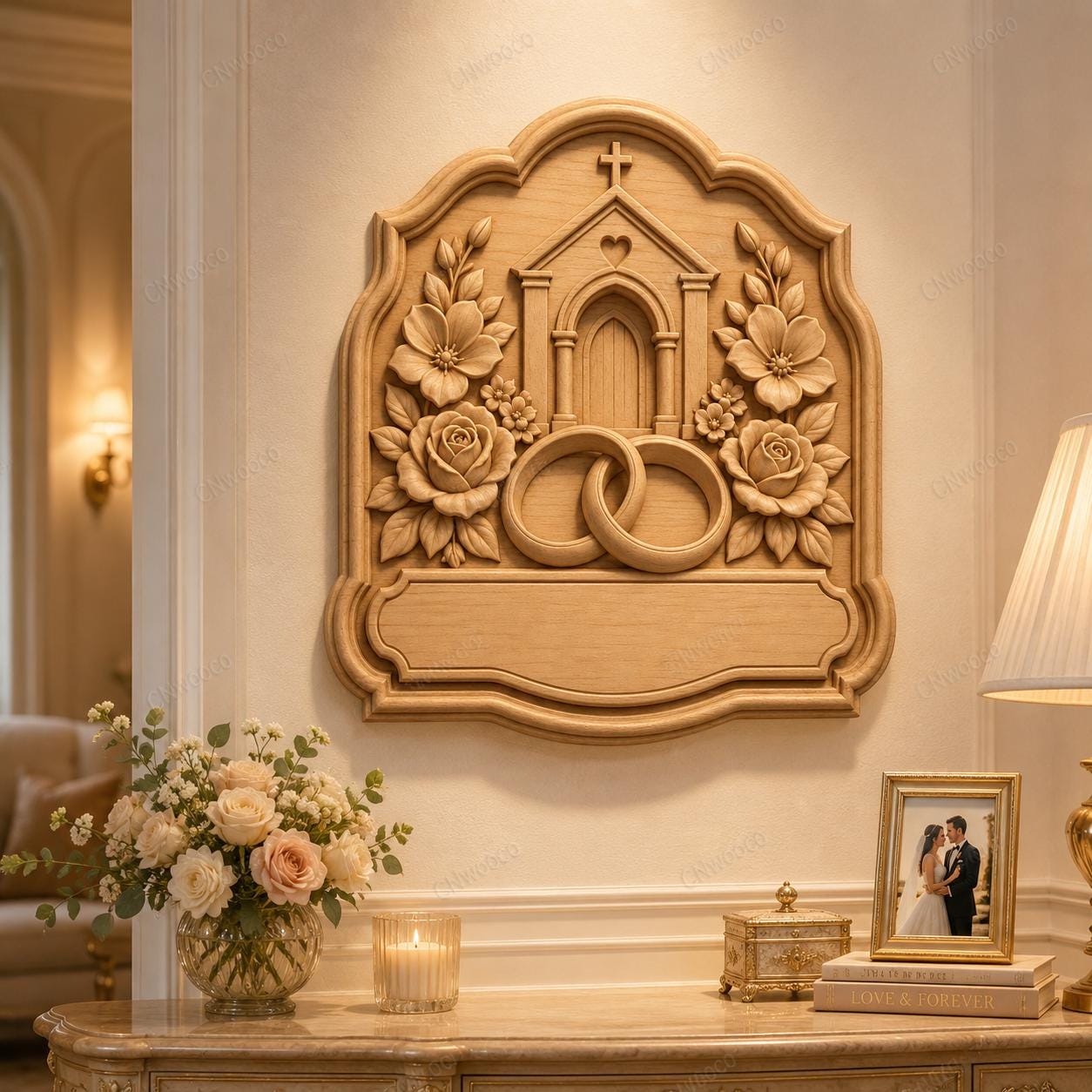CNC & impression 3D relief mariage avec église et alliances, plaque wedding pour gravure bois, STL de haute qualité, à personnaliser