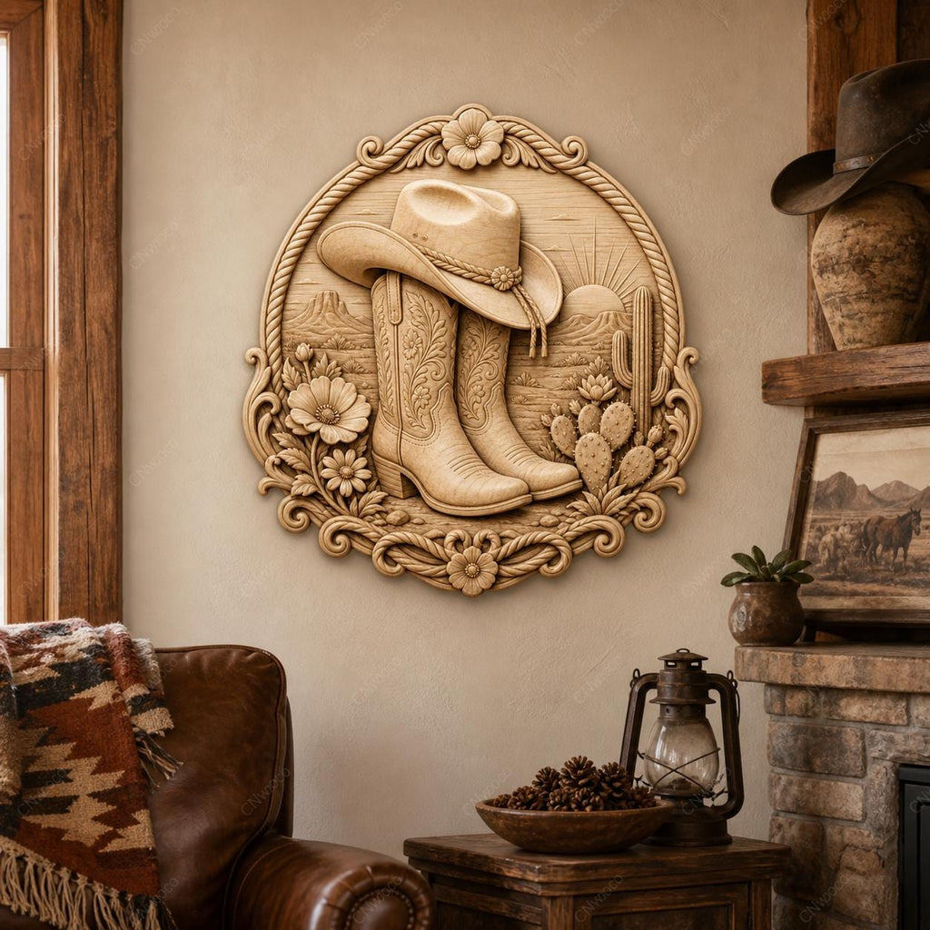 CNC & impression 3D bottes cowboy western, relief ranch STL haute qualité pour sculpture bois et décoration country