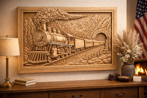 Fichier CNC & impression 3D train vapeur vintage – bas-relief locomotive pour sculpture bois, décoration murale ferroviaire STL