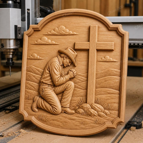 CNC & impression 3D relief cowboy priant devant la croix, décor western chrétien, fichier STL très haute qualité