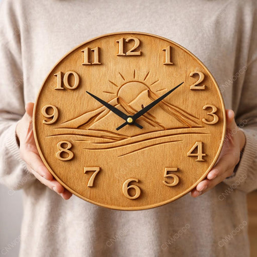 Fichier CNC horloge paysage montagne – bas-relief bois pour sculpture CNC, décoration murale rustique STL