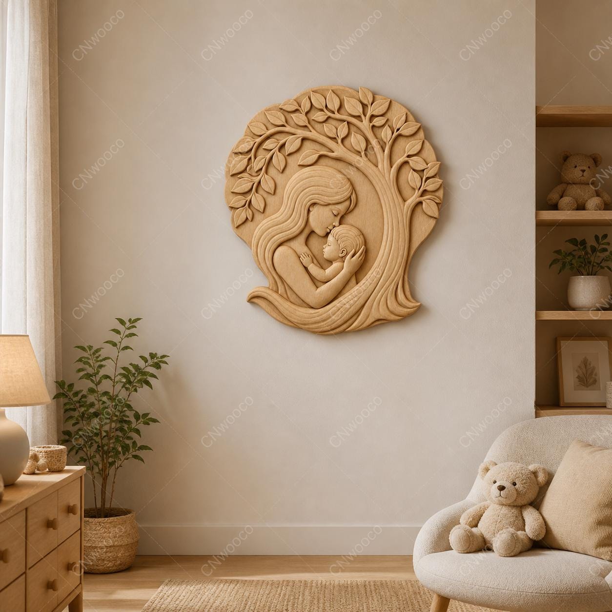 CNC- und 3D-Druck Relief Mutter und Baby unter Baum, Mutterschaftsdekor, sehr hochwertige STL-Datei