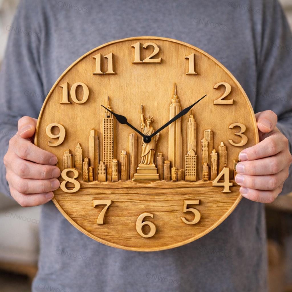 Fichier CNC horloge skyline New York – bas-relief Statue de la Liberté pour sculpture bois, décoration murale STL
