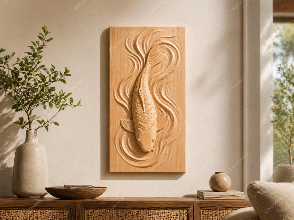 CNC-Datei Koi – japanisches Fisch-Basrelief für Holzschnitzerei, Zen-Wanddekoration und japanischer Teich STL