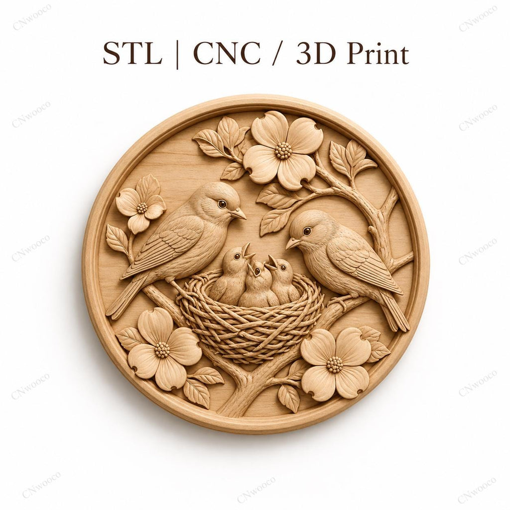 CNC & impression 3D relief famille d’oiseaux au nid, fichier STL très haute qualité