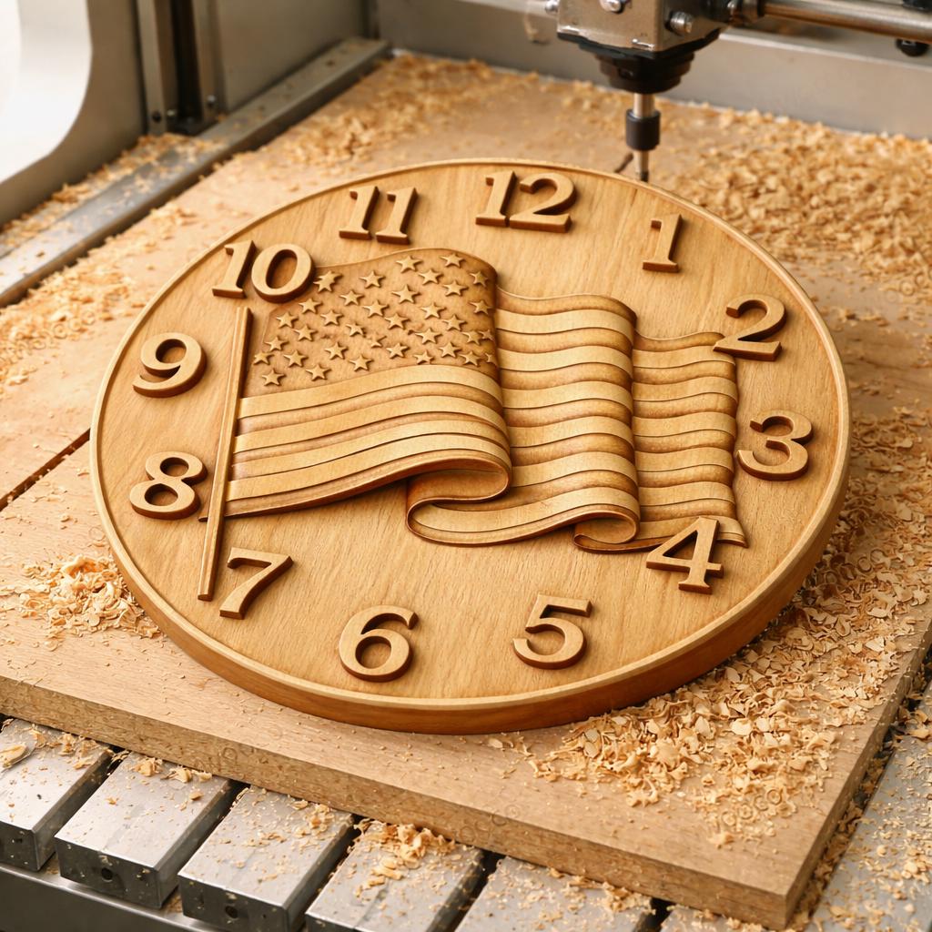 Fichier CNC horloge drapeau américain – bas-relief patriotique pour sculpture bois, décoration murale STL