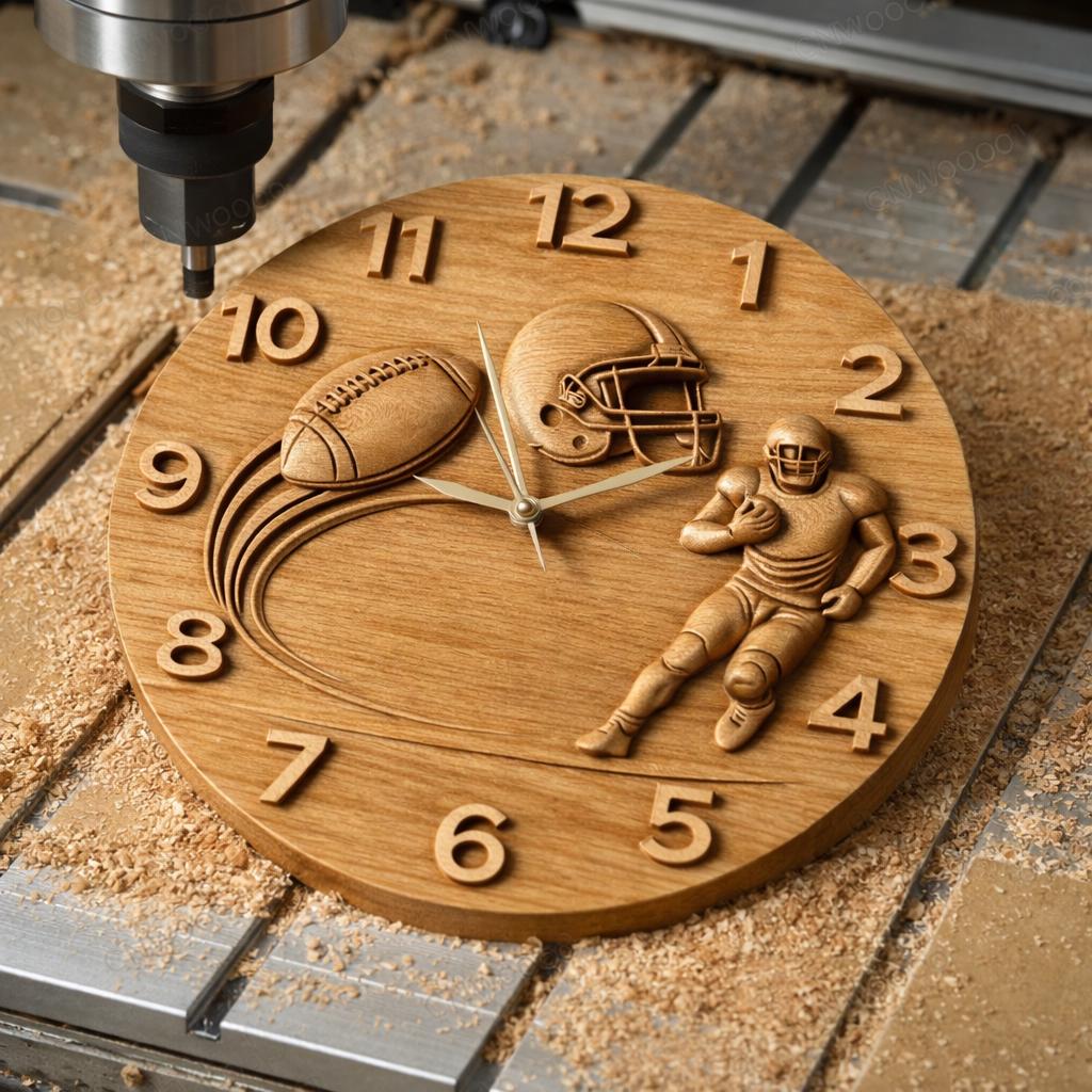 Fichier CNC horloge football américain – bas-relief sport pour sculpture bois, décoration murale STL