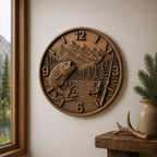 CNC-Datei Fischeruhr – Flachrelief Barsch und See für Holzskulptur, rustikale Wanddekoration Angeln STL