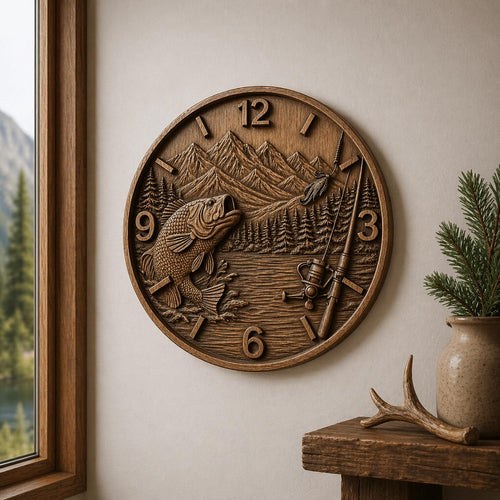 Fichier CNC horloge pêcheur – bas-relief bass et lac pour sculpture bois, décoration murale pêche rustique STL