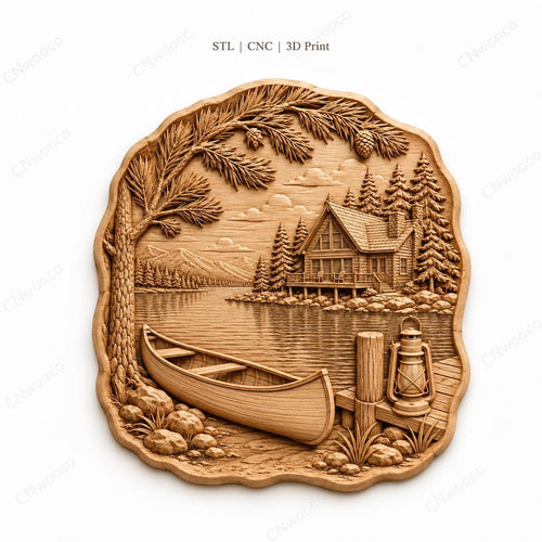 CNC & impression 3D chalet au bord du lac avec canoë, fichier STL très haute qualité