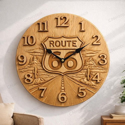 Fichier CNC horloge Route 66 désert vintage – bas-relief pour sculpture bois, décoration murale garage STL