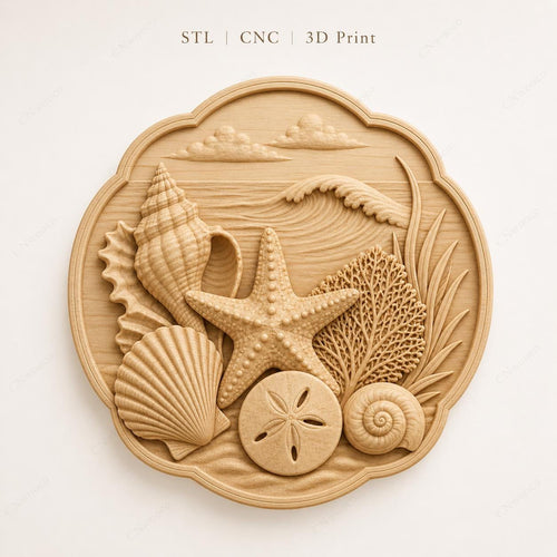 CNC & impression 3D relief coquillages plage, décor mer et vacances, fichier STL très haute qualité