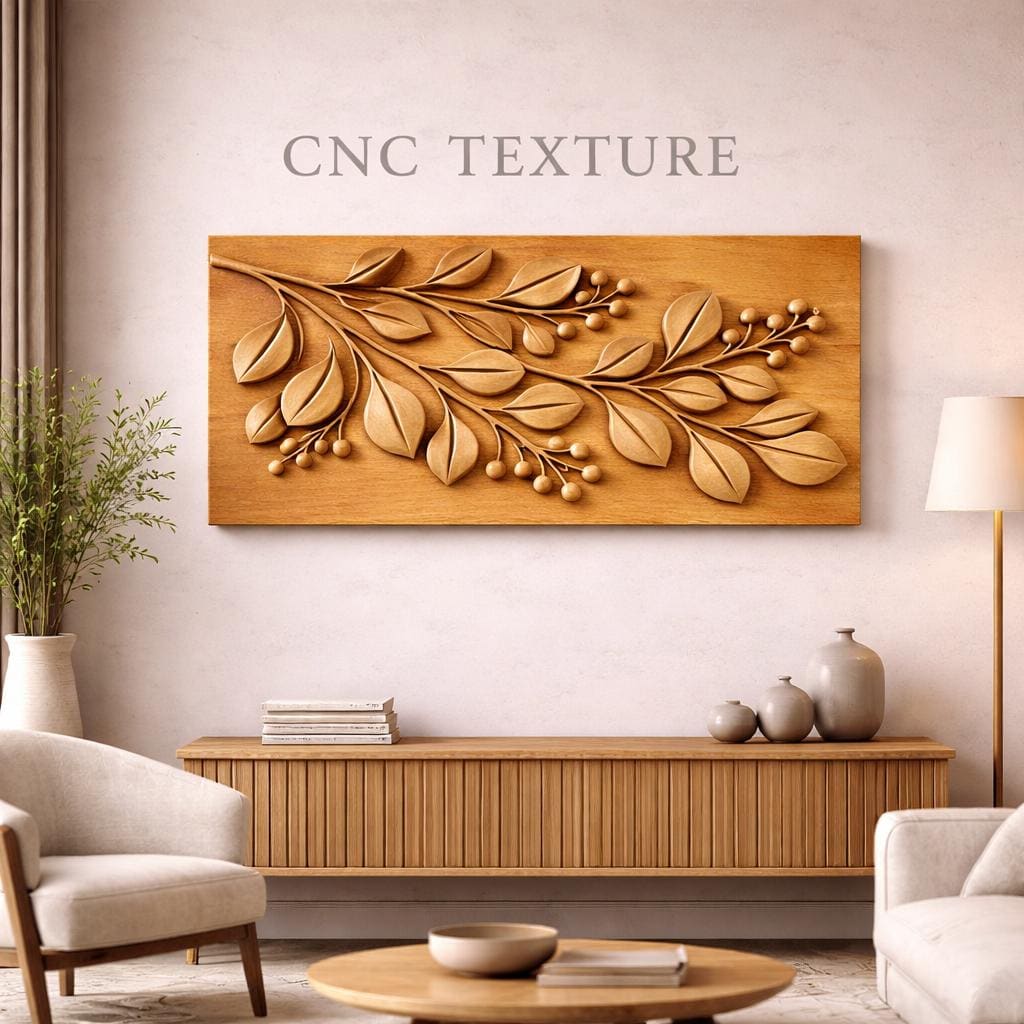 Fichier CNC panneau texture bois feuilles – bas-relief motif nature pour sculpture bois, design façade meuble et décoration murale STL