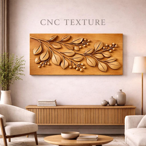 Fichier CNC panneau texture bois feuilles – bas-relief motif nature pour sculpture bois, design façade meuble et décoration murale STL